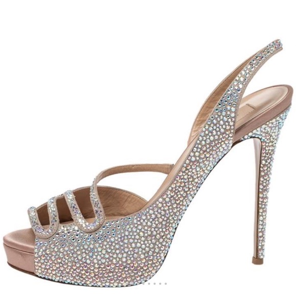 Valentino Beige Crystal Embellished Leather Platform Slingback Sandals Size 40 - Picture 2 of 13